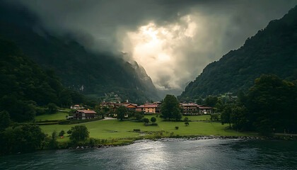 Obraz premium Serene village nestled in a dramatic valley, mountains shrouded in mist, sunlight breaking through clouds, peaceful river.