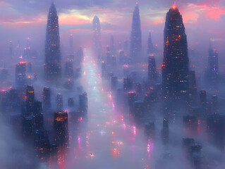 Fototapeta premium Futuristic Cityscape, Misty Dawn