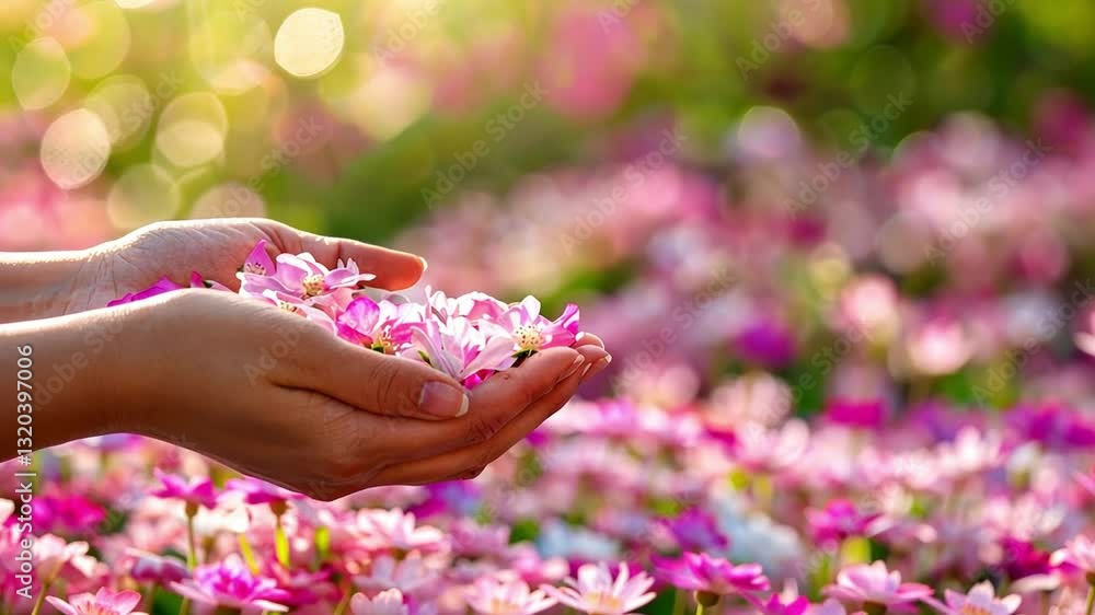Poster hands gently holding pink flowers in vibrant garden with sunlight creating warm and serene atmospher