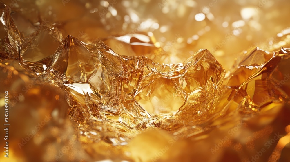 Poster closeup of amber liquid with ice cubes showing intricate textures and light reflections
