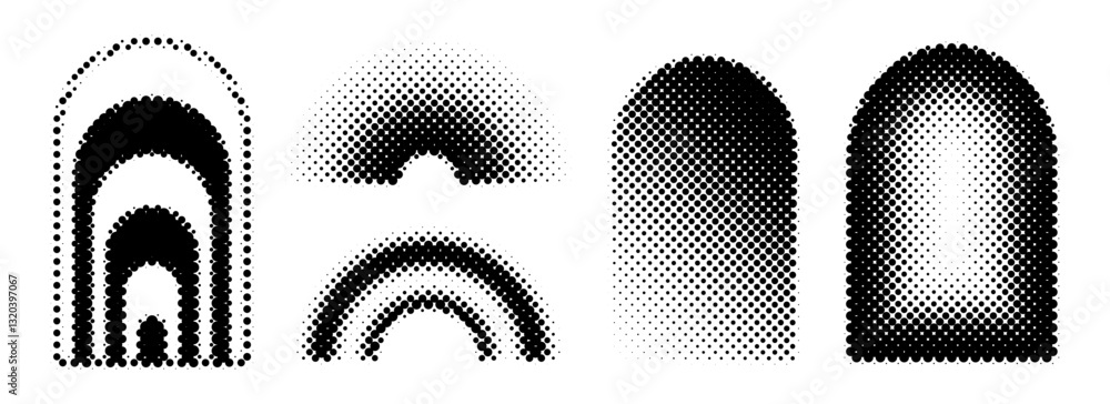 Aufkleber Black halftone arch set. Different pixelated gradient arc collection. Dotted pop art curve element bundle for collage, graphic design template, banner, poster. Vector comic bitmap warp pack
