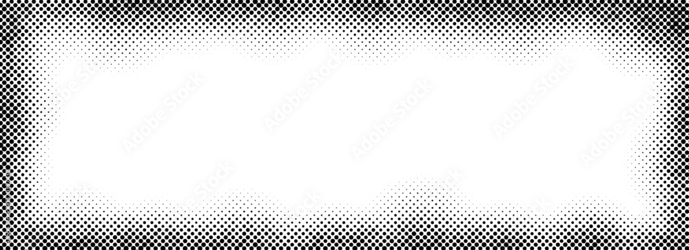 Aufkleber halftone rectangle grain frame. black comic dotted wavy border. pop art fading gradient frame backdr