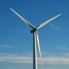 Close-up of a wind turbine with three blades shining under sunlight against a clear blue sky, symbolizing renewable energy and sustainable power generation.
