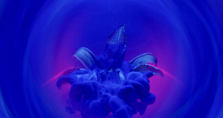 Dye splash. Art nature. Blue spray puff shot in neon fresh bloom flower. Paint drop flowing mixing...