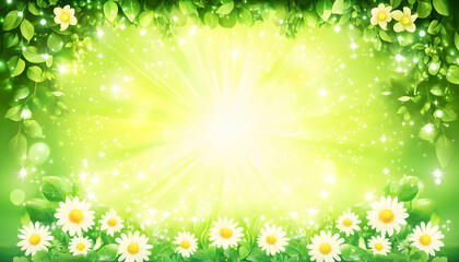Obraz premium Vibrant spring background featuring radiant sunlight, lush green leaves, and delicate daisies. Ideal for cards, websites, or springtime designs.