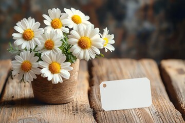 Obraz premium Daisy Flowers with Blank White Tag on Wooden Table