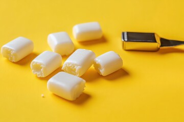 White Chewing Gum Pieces on Bright Yellow Background with Foil Package