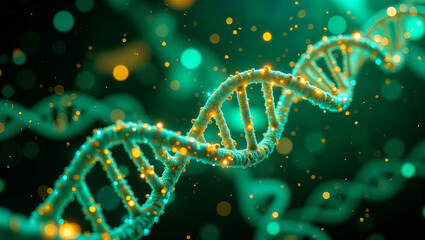 Glowing DNA Spirals Interwoven with Data Particles: A Fusion of Sci-Fi and Biotech Aesthetics.Scientific research and education, biotechnology.