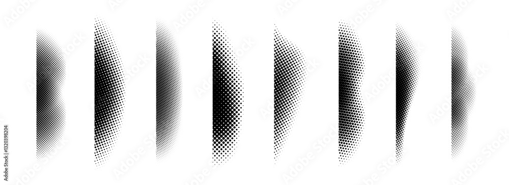 Poster Halftone shadow set. Black dotted gradient stripe collection. Vertical pixel grain line patterns. Half tone textured shade pack for divide and separate. Vector noise dots and particles elements