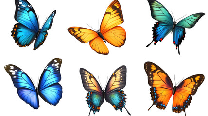 . A set of colorful butterflies with vibrant wings in various shades of blue, orange, and yellow, isolated on a transparent background, fluttering gracefully.