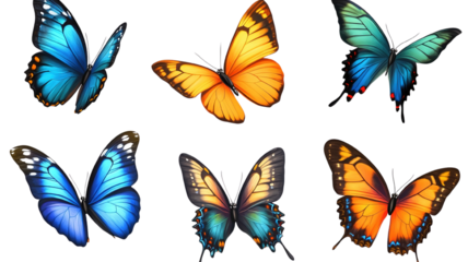 . A set of colorful butterflies with vibrant wings in various shades of blue, orange, and yellow, isolated on a transparent background, fluttering gracefully.
