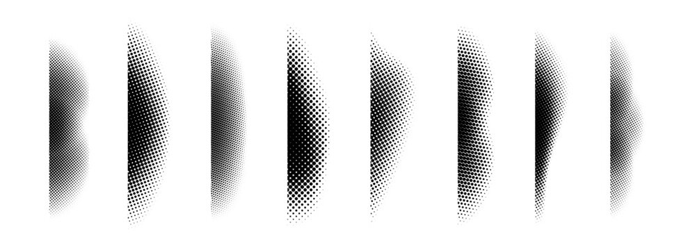 Halftone shadow set. Black dotted gradient stripe collection. Vertical pixel grain line patterns. Half tone textured shade pack for divide and separate. Vector noise dots and particles elements