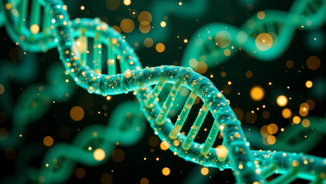 Glowing DNA Spirals Interwoven with Data Particles: A Fusion of Sci-Fi and Biotech Aesthetics.Scientific research and education, biotechnology.