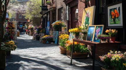 Fototapeta premium Sunlit Cobblestone Alleyway with Vibrant Flowers and Art
