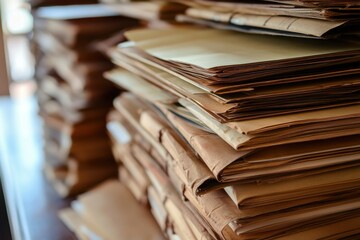 Close-up of stacked legal documents and law books in a law office setting