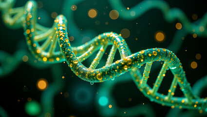 Glowing DNA Spirals Interwoven with Data Particles: A Fusion of Sci-Fi and Biotech Aesthetics.Scientific research and education, biotechnology.