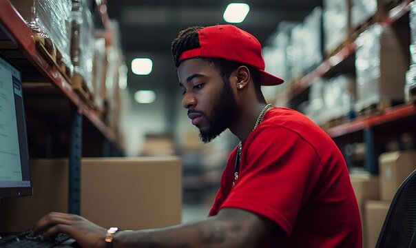a man in a warehouse working on a computer.