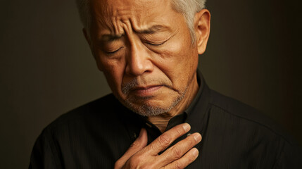 Fototapeta premium A cinematic close-up of a senior man with a weary expression, dressed in a dark button-up shirt. His hand is placed over his chest as if experiencing discomfort, his slightly furrowed brow and close