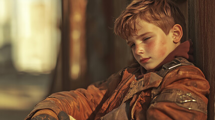 Fototapeta premium A boy in a worn jacket leans against a wall, thoughtfully closing his eyes