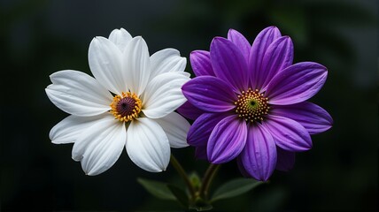 Obraz premium Two beautiful flowers in white and purple.