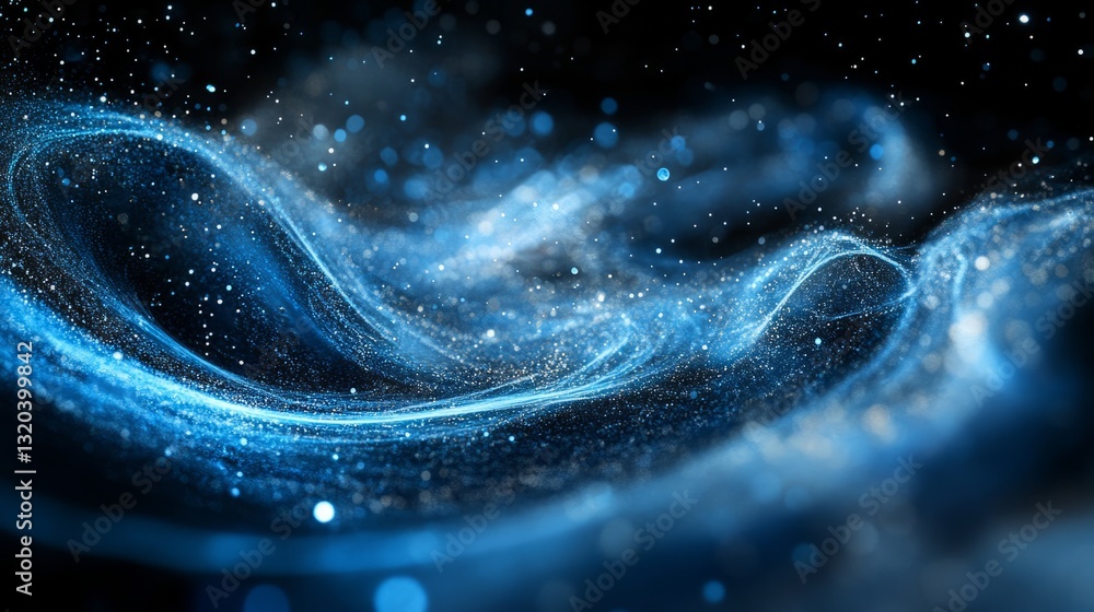 Poster chaotic swirl of blue and silver particles, creating intricate patterns suspended in black space