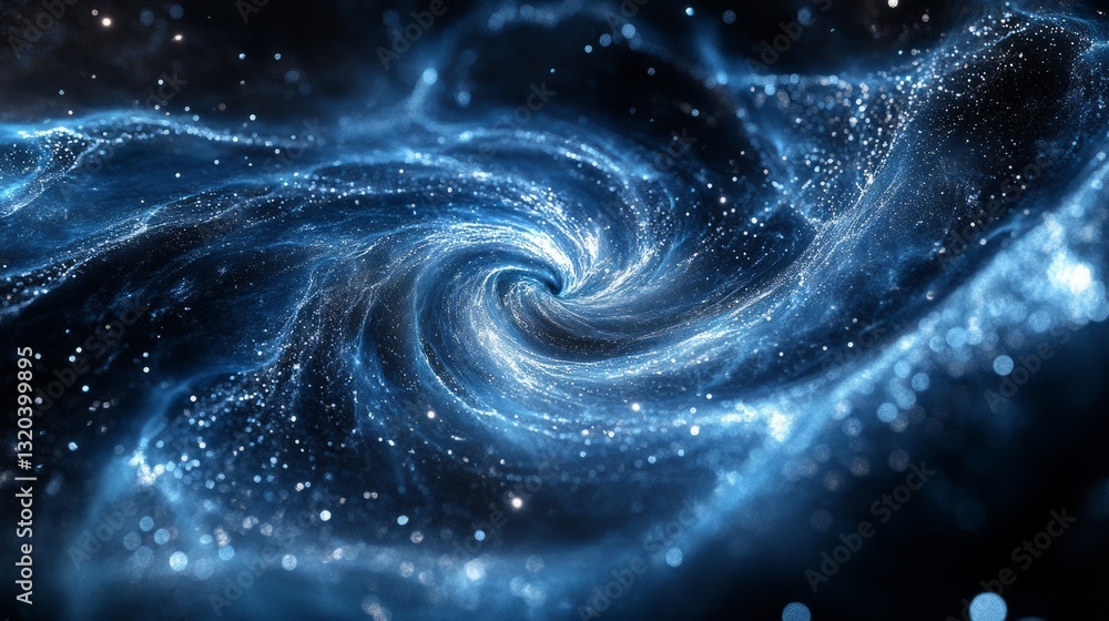 Poster chaotic swirl of blue and silver particles, creating intricate patterns suspended in black space