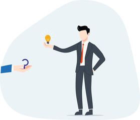 Question answer, advice or suggestion, solving problem with solution, q and a or faq, quiz or solution discovery, information guidance concept, businessman offer solution for people question marks.