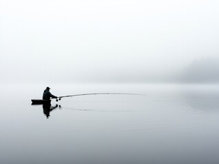 Fototapeta premium A serene silhouette of a fisherman casting a line in a foggy lake at dawn.