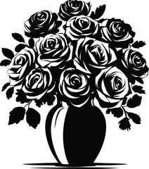 Roses in a flower tab vector style silhouette. Bunch of black silhouette rose flower. Rose in vase silhouette vector.