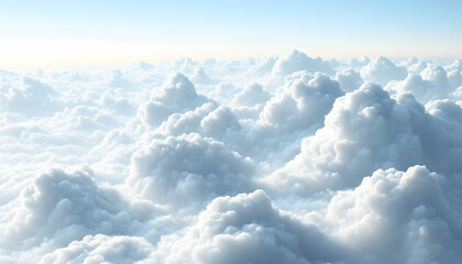 Fototapeta premium Serene aerial view of a boundless expanse of fluffy cumulus clouds illuminated by soft sunlight, creating a peaceful and dreamy atmosphere.