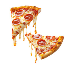 Template with 2 delicious tasty slice of pepperoni pizza flying on white and transparent background. AI PNG