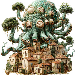 Obraz premium Monstrous Kraken Overwhelms Village in a Monochromatic Digital Painting on Transparent Background
