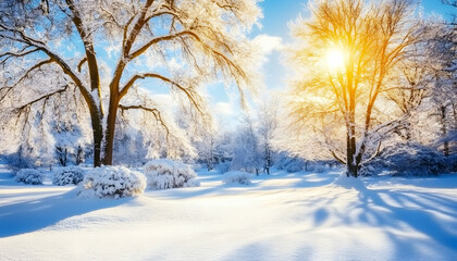 Sunlit winter wonderland scene; snow-covered trees and bushes in a park on a bright, clear day.