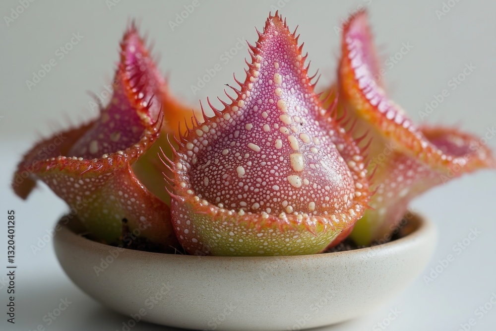 Poster vibrant cephalotus displaying intricate textures and colors in a minimalistic home setting