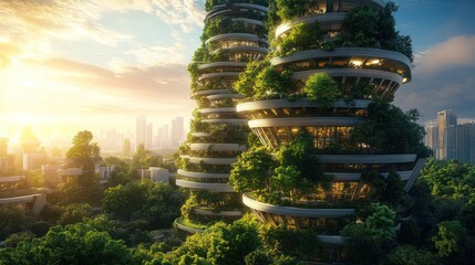 Sustainable city towers with lush greenery