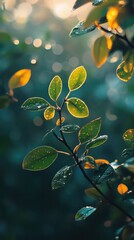 Delicate green leaves with water droplets on small branches shine