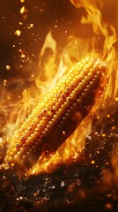 a close-up of a corn on the cob engulfed in flames.