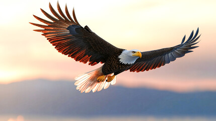 Fototapeta premium American Bald Eagle flying on US flag background 