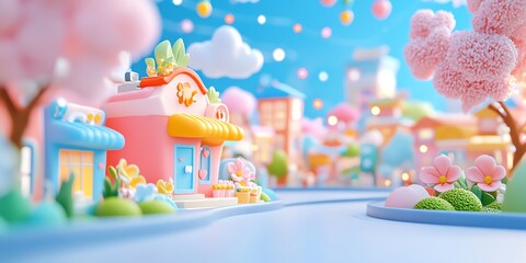 Exploring a Whimsical Cartoon Town Street with Pink Cherry Blossoms