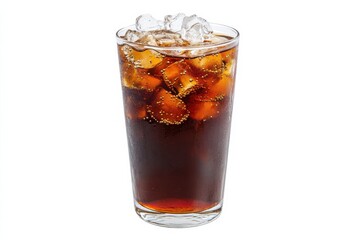 Black tea served in a tall glass with ice showcasing vibrant colors and crystal clarity on a white background
