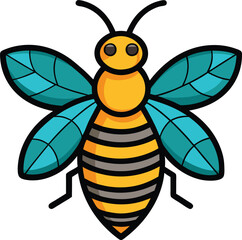 A vibrant vector illustration of a bee with yellow and black stripes, featuring teal wings and a simple, cartoonish design.  
