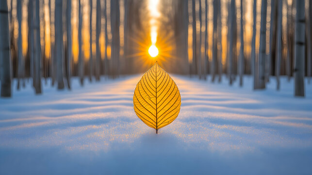 Single golden leaf in snow, backlit by winter sunset, trees blurred background. Serenity, peace, nature.