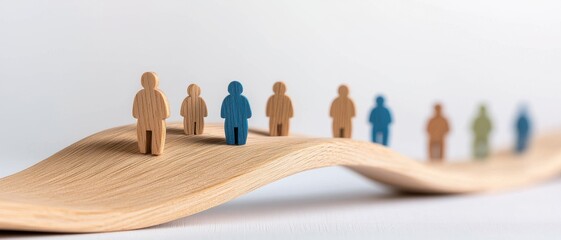 leadership community figure wooden concept. Wooden figures on a wave-like surface represent unity and diversity.