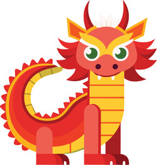 A cute and colorful vector illustration of a Chinese dragon in red, yellow, and orange, with large eyes and playful features.  

