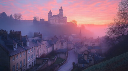 Naklejka premium Misty Sunrise Over Historic Town
