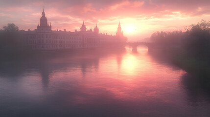 Naklejka premium Misty Sunrise Over River and Palace