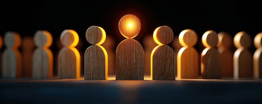 leadership community figure wooden concept. Wooden figures with one illuminated, symbolizing uniqueness and leadership. - Powered by Adobe
