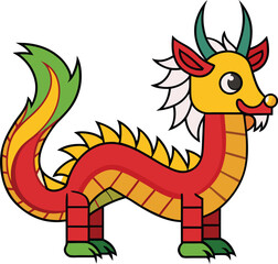 A vibrant, playful vector illustration of a Chinese dragon with red, yellow, and green colors, featuring a friendly face and decorative tail.  
