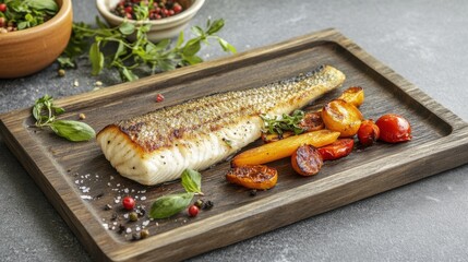 Grilled barramundi fillet served with colorful roasted vegetables and fresh herbs on wooden platter