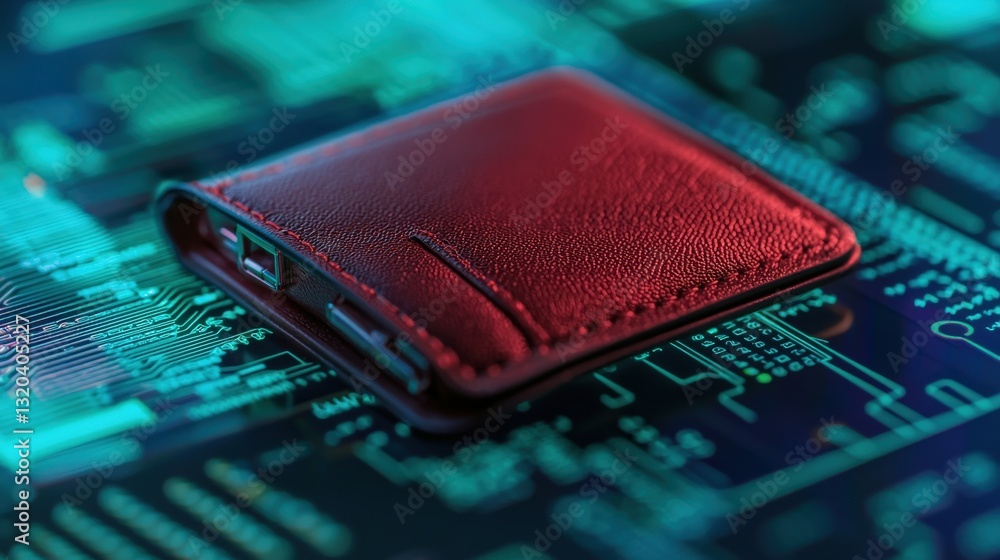 Poster budget expenses optimization concept. red wallet on a circuit board background with a futuristic loo